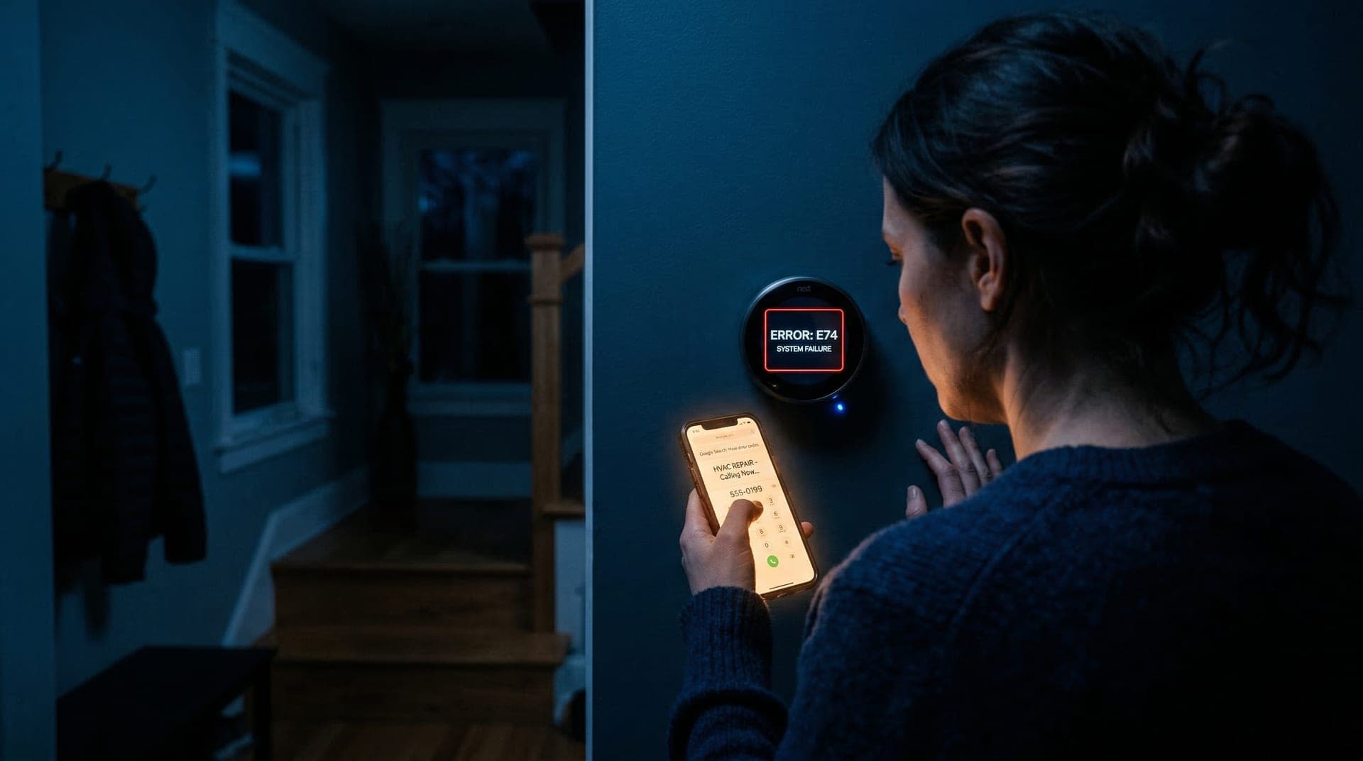 Homeowner looking at thermostat error code in a dark house, phone in hand calling for help at 2 AM
