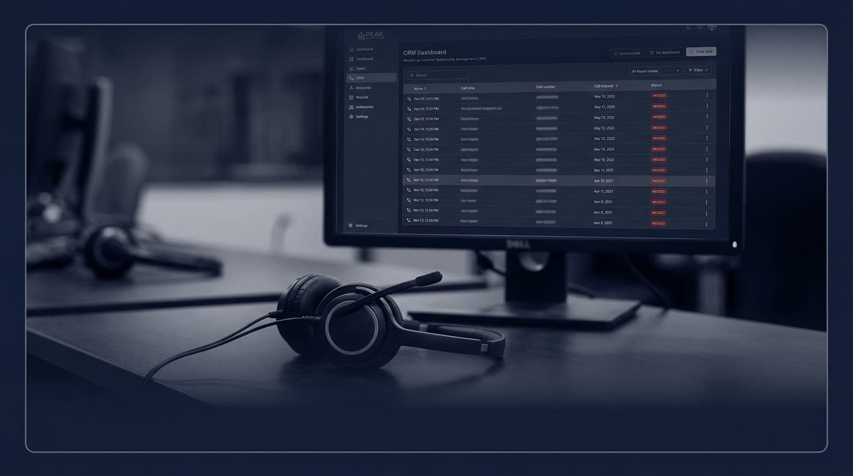 Abandoned call center headset next to a CRM dashboard full of missed calls