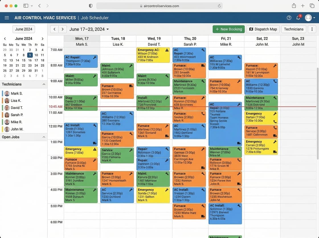 HVAC job scheduler showing a full week of booked appointments