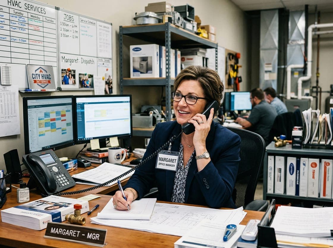 HVAC office manager confidently handling a phone call