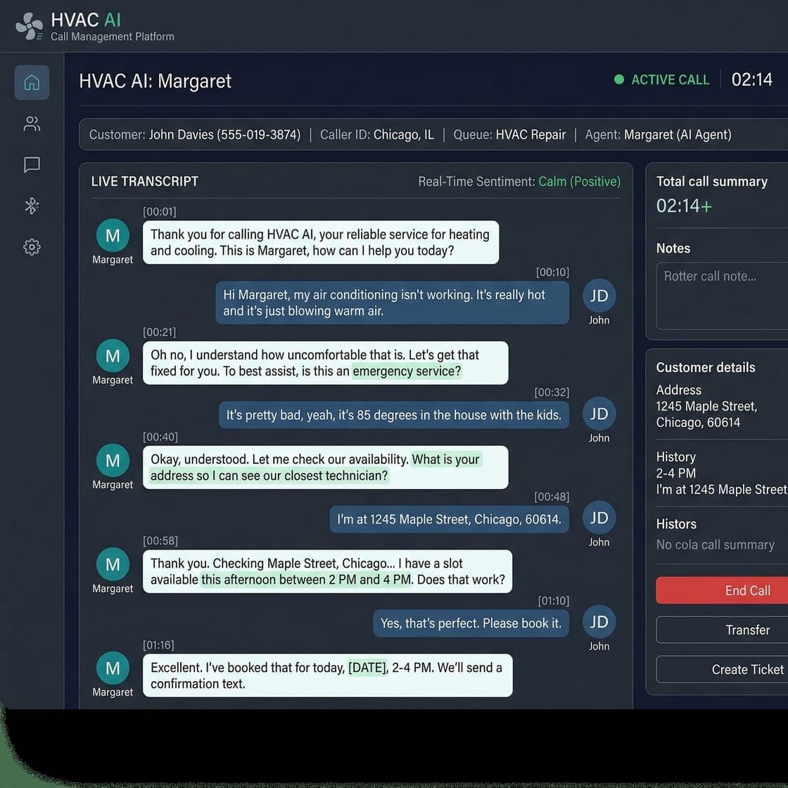 Live call transcript interface showing AI agent conversation