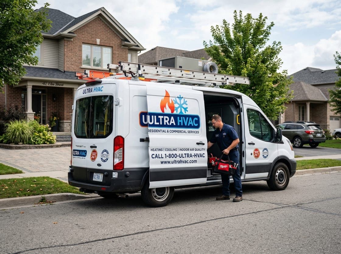 Branded HVAC service van with technician