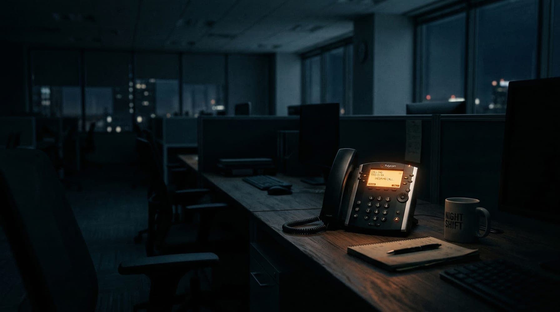 A desk phone ringing in an empty office at night — nobody there to answer